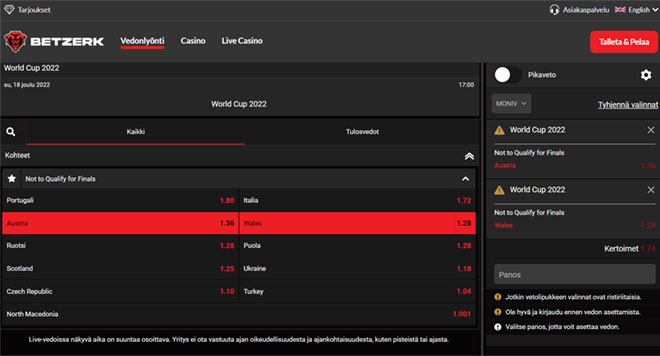 Betzerk kasino tarjoaa laajat mahdollisuudet vetoihin