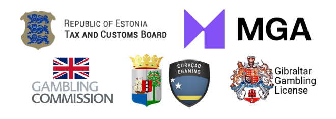 Maltan, Viron, Yhdistyneiden kansakuntien, Gibraltarin ja Curacaon peliviranomaisten logot.