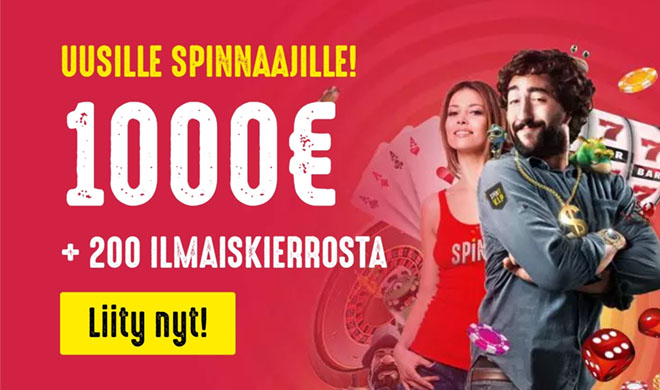 Spinit Casino tarjoaa 100% bonuksen aina 200 € asti ensimmäiselle talletukselle, yhteensä etuja on 1 000 € arvosta