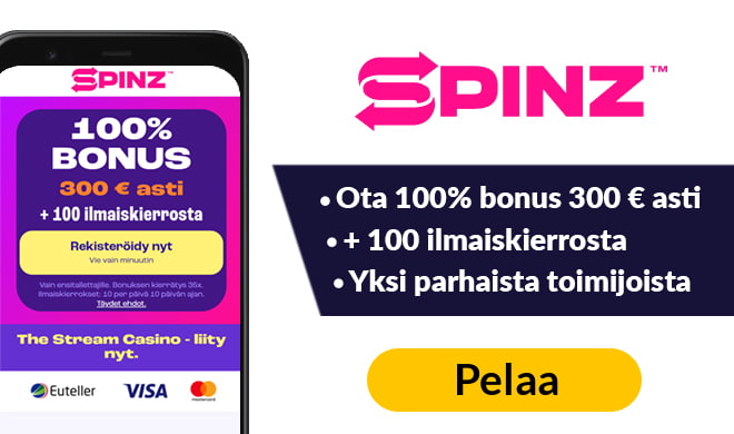 Spinz Casino tarjoaa uusille asiakkaille non-sticky bonuksen, jonka avulla voit lunastaa jopa 300 € edestä bonusta