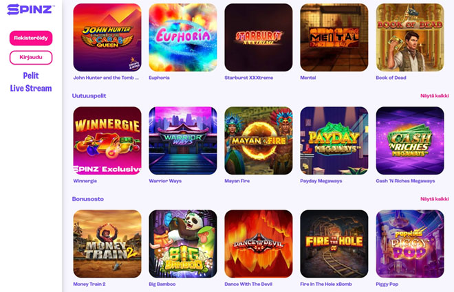 Spinz Casino tarjoaa satoja suosittuja pelejä