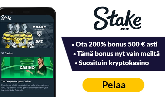 Aloita pelit Stake.com kasinolla uniikin bonuskoodi tarjouksen avulla, jonka kautta saat 200% talletusbonuksen 500 € asti