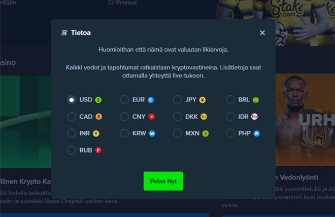 Stake Casino valuuttaparit