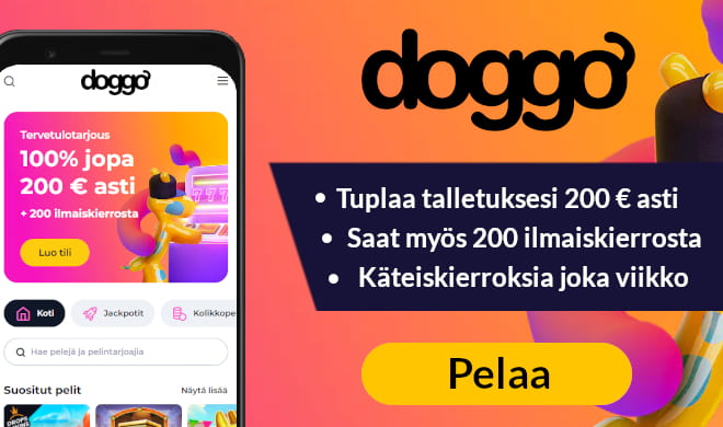 Doggo Casino tuplaa ensitalletuksesi 500 euroon asti.