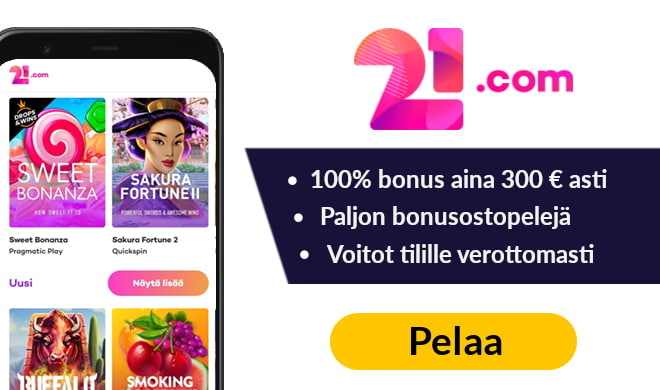 21.com Casino tarjoaa 100% bonuksen 300 € asti.