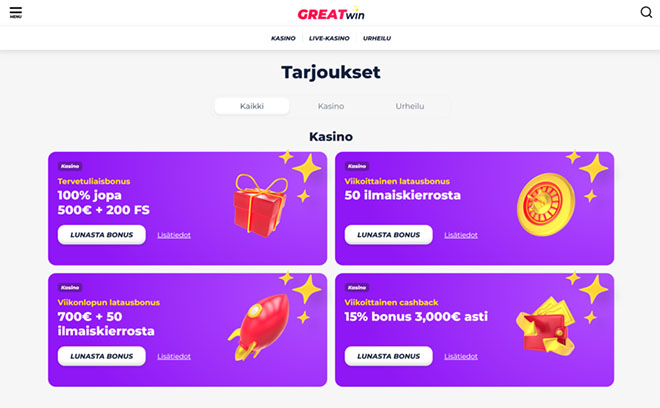 Great Win Casino tarjoaa useita eri bonuksia