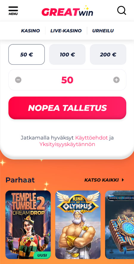 Greatwin Casino pelit toimivat myös mobiilissa