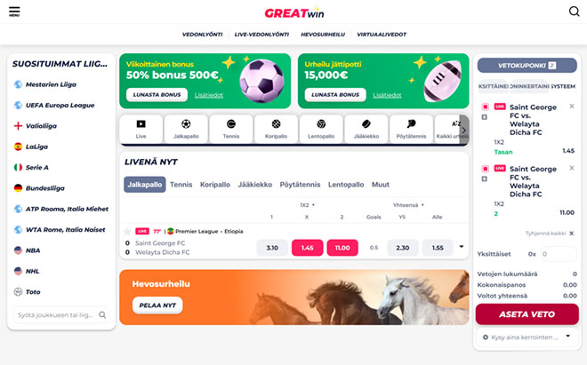 Greatwin casino tarjoaa vetoihin 100% bonuksen 200 € asti