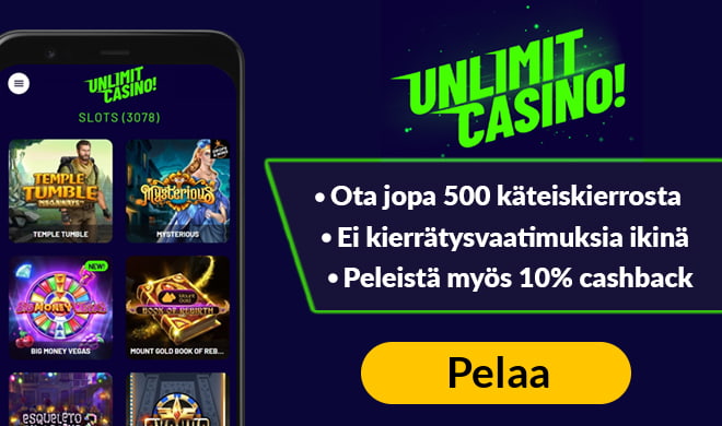 Unlimit Casino tarjoaa jopa 500 käteiskierrosta