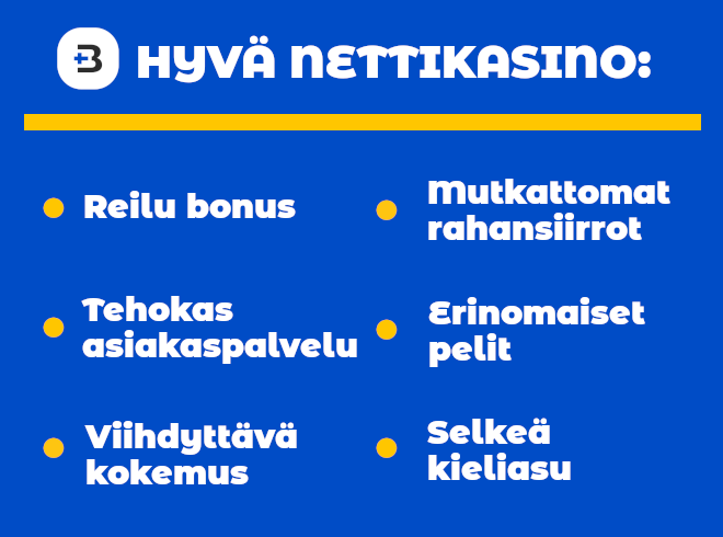 Hyvä nettikasino tarjoaa reilun bonuksen, erinomaiset pelit ja asiantuntevan asiakaspalvelun.