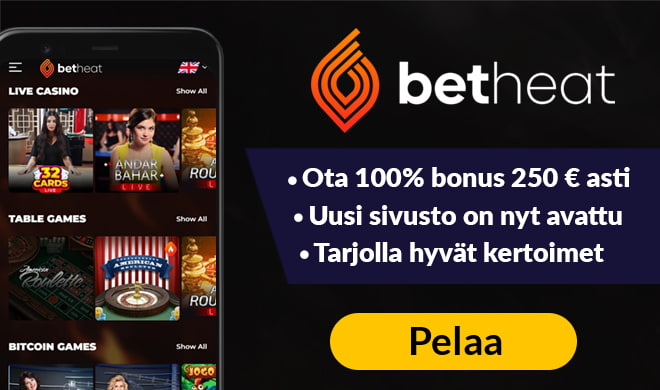 Betheat Casino tarjoaa 100% bonuksen aina 250 euroon asti.