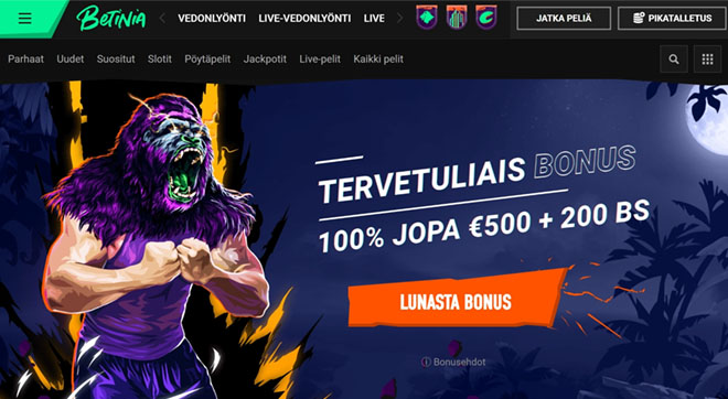 Betinia Casino tuplaa talletuksen 500 € asti