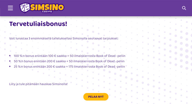 Simsino Casino bonus toimii 100 € asti