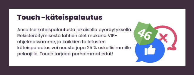 Touch Casino bonus antaa jopa 25% käteispalautuksen