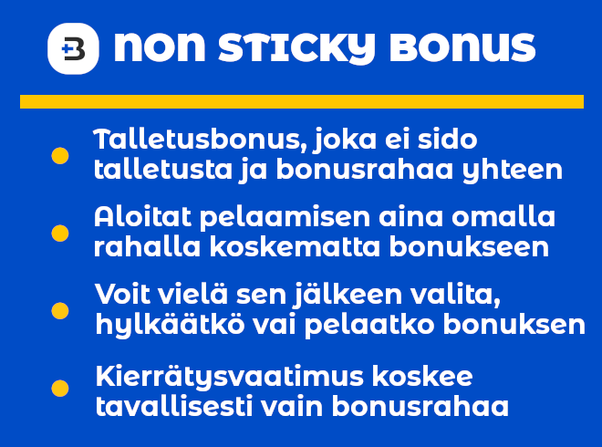 Non sticky bonus pysyy irrallaan talletuksestasi, joten voit kotiuttaa omalla rahalla tulleet voitot ilman kierrätystä.