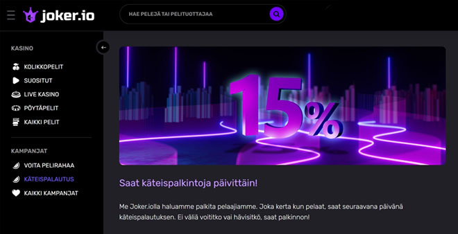 Joker.io kasino maksaa 15% käteispalautusta