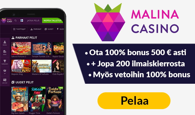 Malina Casino tuplaa ensitalletuksen aina 500 € asti