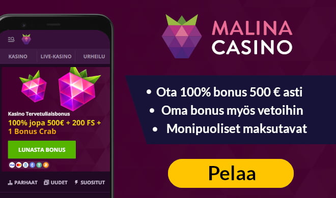 Malina Casino tuplaa ensitalletuksen aina 500 € asti