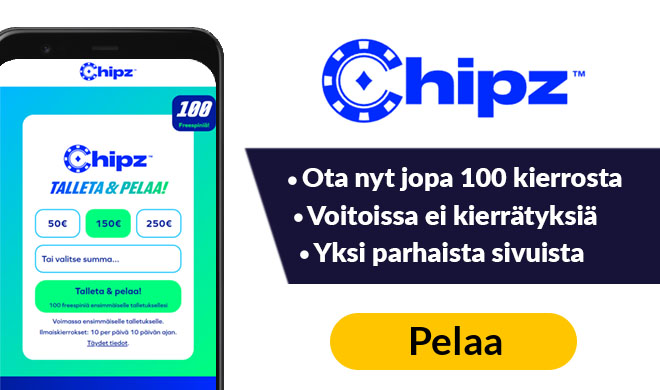 Chipz Casino antaa tervetuliaisina 100 käteiskierrosta uusille pelaajille.