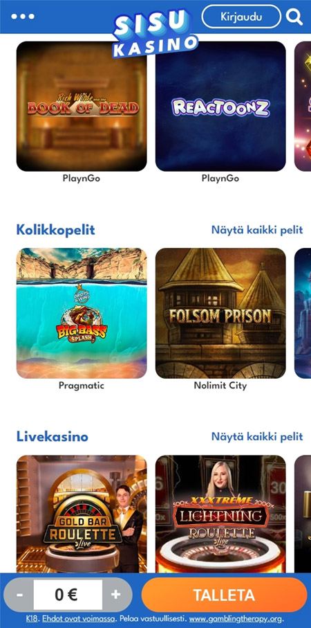 Sisukasino toimii myös mobiilissa