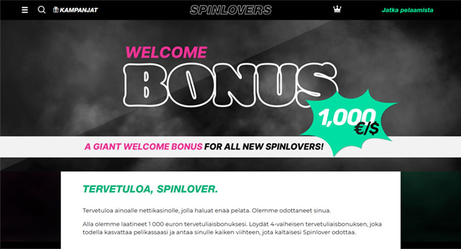 Spinlovers kasino bonus toimii 250 € asti