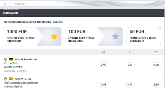 TonyBet.com Forecast mahdollistaa 10 ottelun veikkauksen jossa voit voittaa jopa 1000 € ilmaisvedon