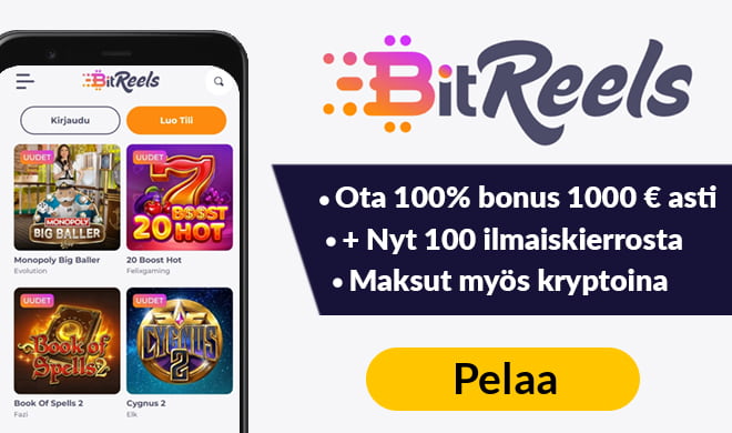 Bitreels Casino tarjoaa 100% bonuksen 1 000 € asti