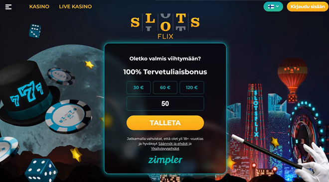 Slotsflix Casinon bonus toimii 300 €asti