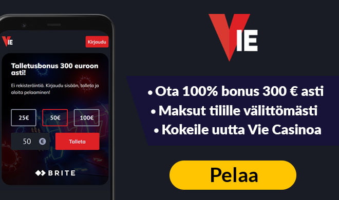 Vie.bet Casino tarjoaa uusille asiakkaille 100% talletusbonuksen 300 € asti