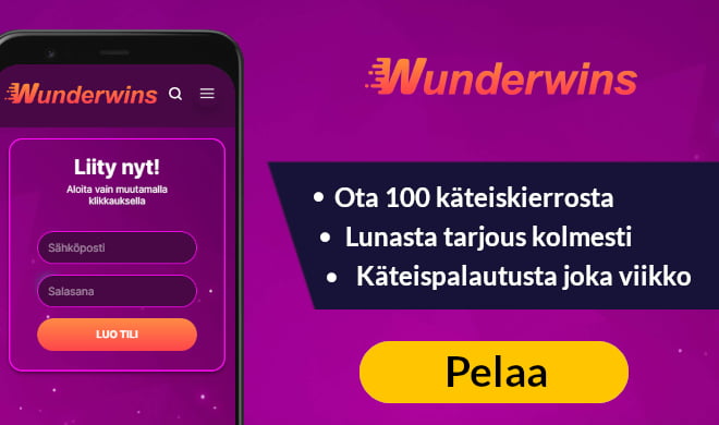 Wunderwins kasino tarjoaa yhteensä jopa 300 käteiskierrosta