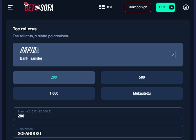 varmista että betsofa bonuskoodi on sille varatussa kentässä.