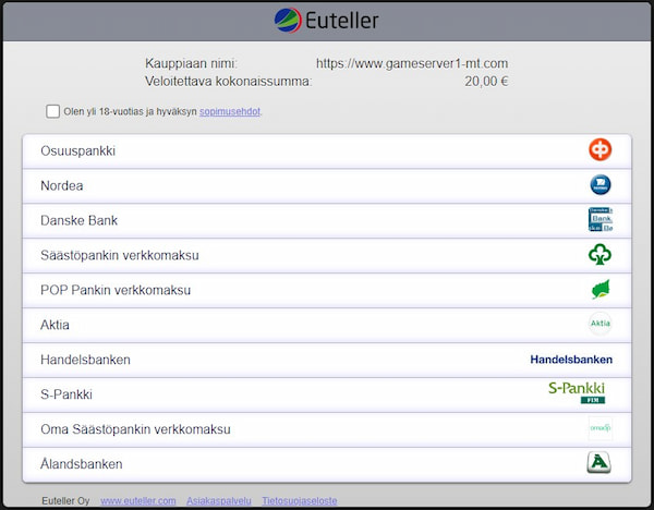 Euteller talletus tapahtuu verkkopankkitunnuksilla, joten aloitat valitsemalla listalta oman pankkisi.
