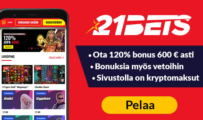 21Bets kasino tarjoaa 120% bonuksen peleihin