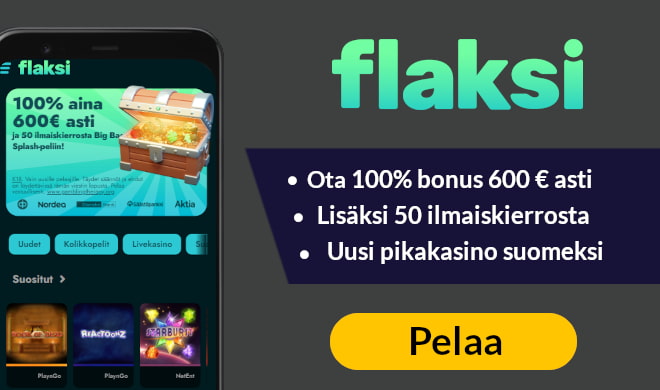 Flaksi kasino tarjoaa 100% talletusbonuksen 600 € asti ja 50 ilmaiskierrosta