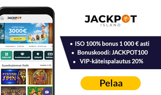 Jackpot Island Casinolta saat ison 100% bonuksen 1 000 € asti.