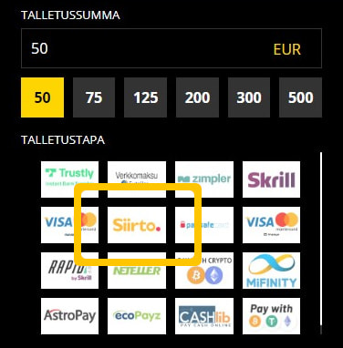 Siirto talletus löytyy casinon talletusvaihtoehdoista.