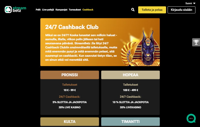 StreamBetz Casino tarjoaa kasinoturnausten lisäksi muun muassa 20% käteispalautuksen live kasinolla