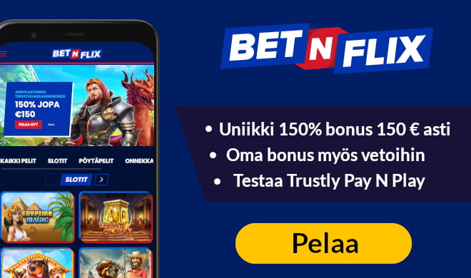 BetNFlix Casino tarjoaa Bonuskoodien uusille pelaajille uniikin 150% bonuksen 150 € asti.