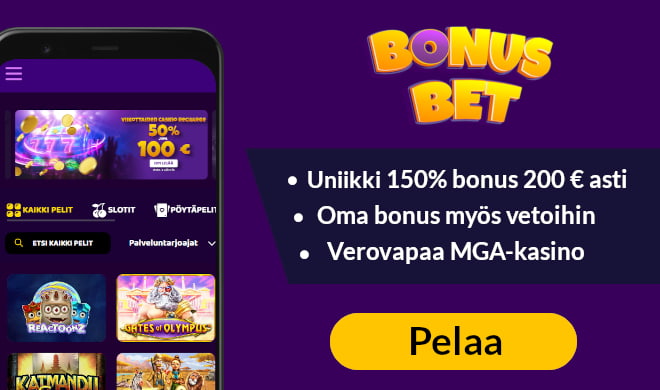 BonusBet Casino tarjoaa uusille kasinopelaajille uniikin 150% bonuksen 200 € asti Bonuskoodit.com-arvostelun linkeistä.