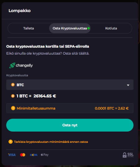 CryptoLeo Casino korttitalletus mahdollistaa kryptojen oston.