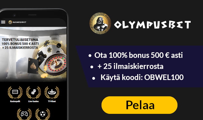 OlympusBet Casino tarjoaa 100% bonuksen 500 € asti ja 25 ilmaiskierrosta koodilla: OBWEL100.