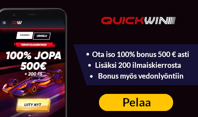 QuickWin Casino tarjoaa 100% bonuksen 500 € asti ja 200 ilmaiskierrosta.