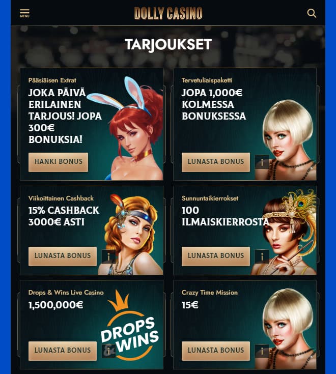 Esimerkki Tarjoukset-sivusta kasinolla