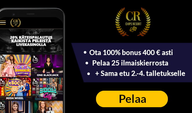 ChipsResort Casino tarjoaa uusille pelaajille 100% bonuksen 400 € asti.