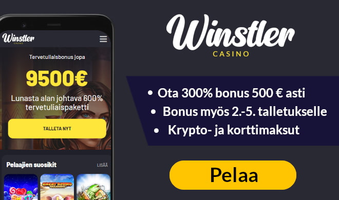 Winstler Casino tarjoaa 300% bonuksen 500 € asti, lue lisää.