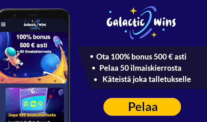 Galactic Wins Casino tarjoaa uusille pelaajille 100% bonuksen ja 50 ilmaiskierrosta.

