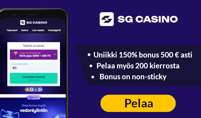 SG Casino tarjoaa pelaajille 100% bonuksen 500 € asti ja 200 ilmaiskierrosta.
