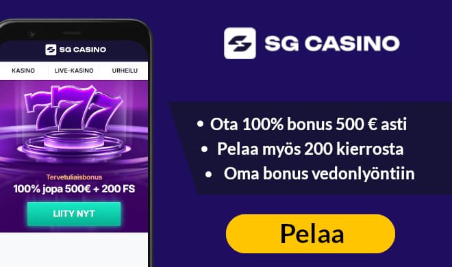 SG Casino tarjoaa pelaajille 100% bonuksen 500 € asti ja 200 ilmaiskierrosta.