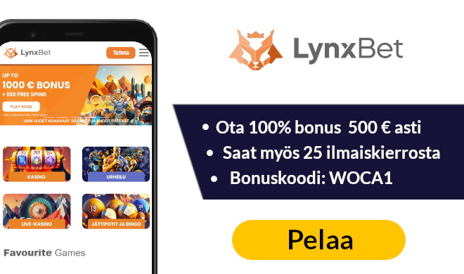 LynxBet Casino tarjoaa 100% bonuksen 500 € asti.