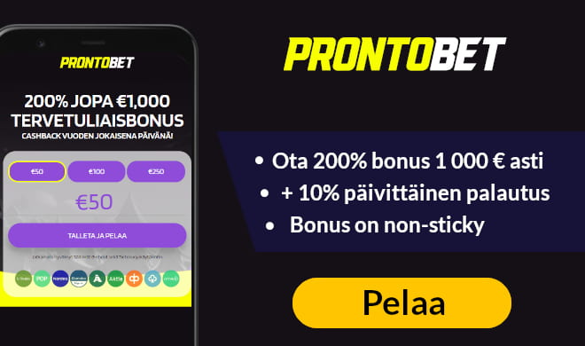 ProntoBet Casino tarjoaa 200% bonuksen ja 10% käteispalautuksen.